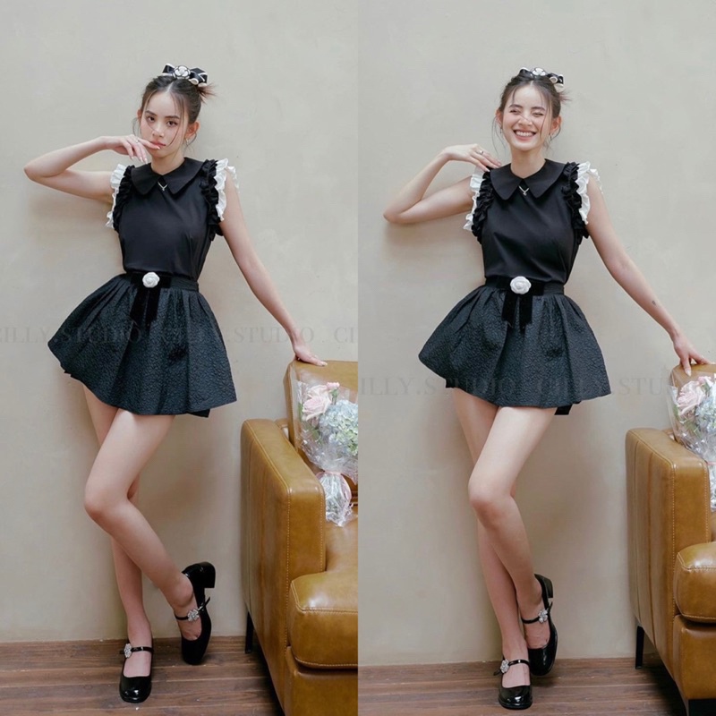 Set Áo Tay Bèo Mix Chân Váy Xốp Hoa Trà Sang Chảnh Có Ảnh Thật