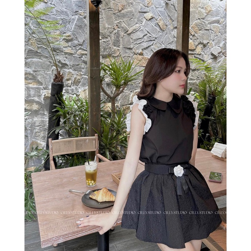 Set Áo Tay Bèo Mix Chân Váy Xốp Hoa Trà Sang Chảnh Có Ảnh Thật