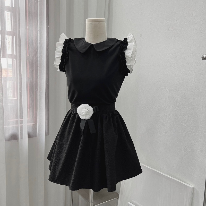 Set Áo Tay Bèo Mix Chân Váy Xốp Hoa Trà Sang Chảnh Có Ảnh Thật