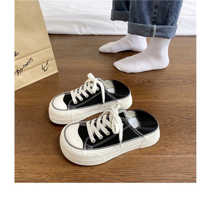Giày Thể Thao Nữ Chất Vải Dáng Basic Mũi Tròn Bè Nhẹ Dẫm Gót Đế Cao Màu Đen Trắng Kem Năng Động Trẻ Trung Hot Trend Đẹp