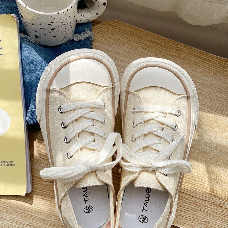 Giày Thể Thao Nữ Chất Vải Dáng Basic Mũi Tròn Bè Nhẹ Dẫm Gót Đế Cao Màu Đen Trắng Kem Năng Động Trẻ Trung Hot Trend Đẹp