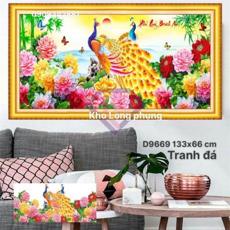 Tranh đính đá  -Tranh thêu chữ thập CHIM CÔNG Phú quý bình an D9669 133x66 cm