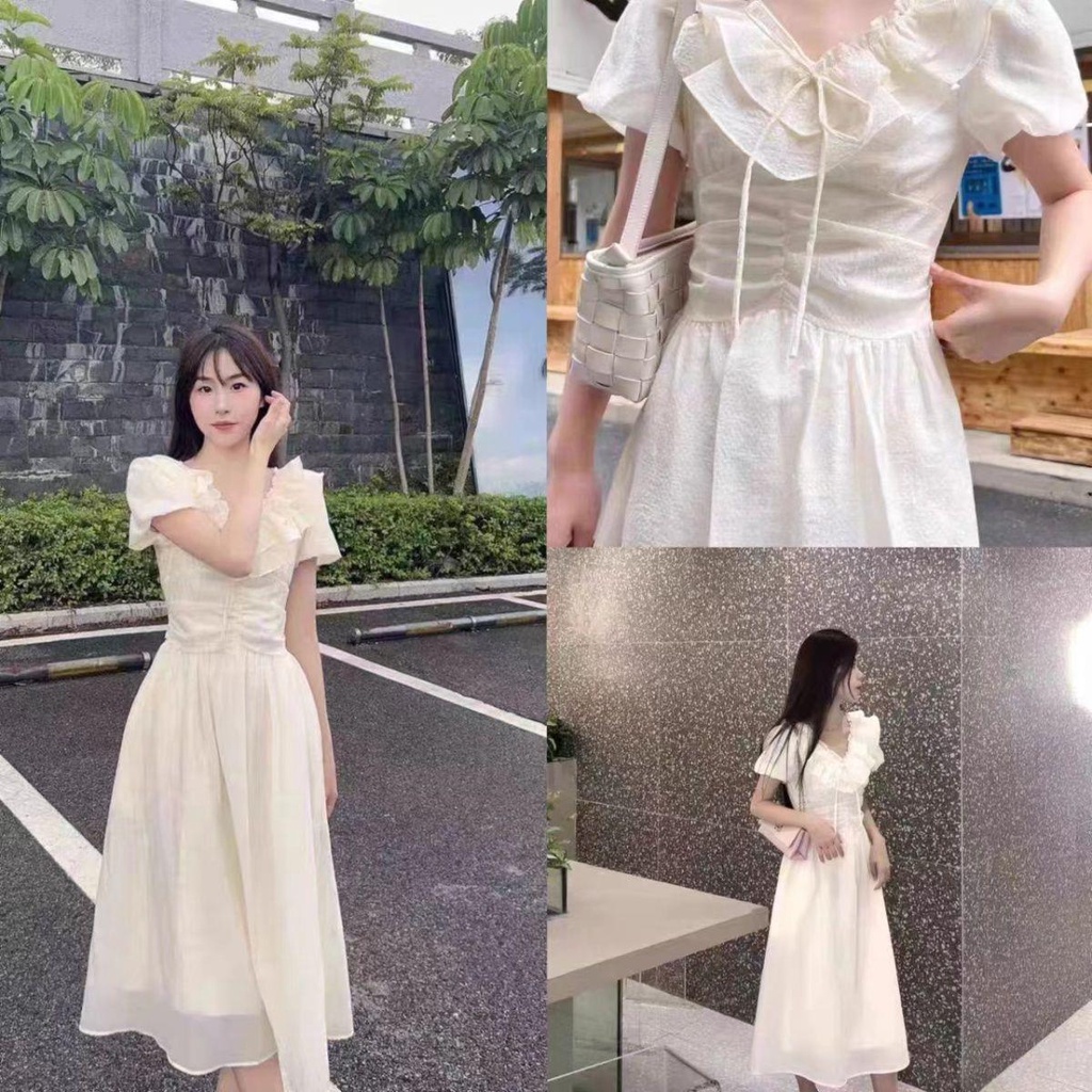 Đầm Tay Ngắn Cổ Chữ v Phối Bèo Màu Vàng Mơ Cao Cấp Phong Cách Pháp Thời Trang Mùa Hè Xinh Xắn Cho Nữ