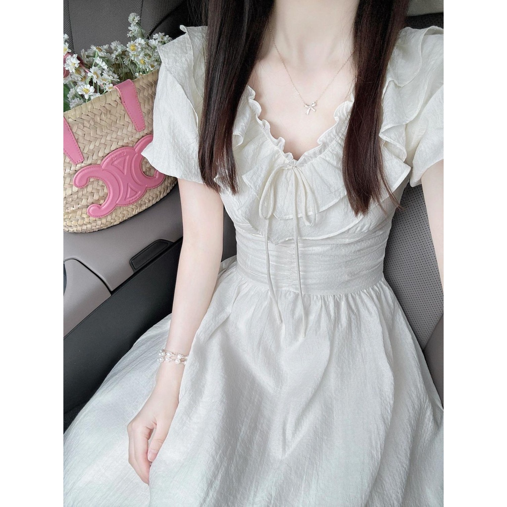 Đầm Tay Ngắn Cổ Chữ v Phối Bèo Màu Vàng Mơ Cao Cấp Phong Cách Pháp Thời Trang Mùa Hè Xinh Xắn Cho Nữ