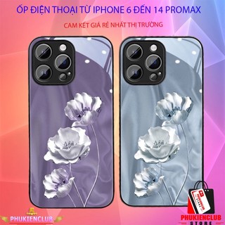 Ốp lưng iphone 6/ 7/ 8 Plus/ SE2/ X/ XS/ XR/ XSMAX/ 11/ 12/ 13/14 PRO/14 PROMAX BẰNG KÍNH in hình cánh hoa nền tím đẹp