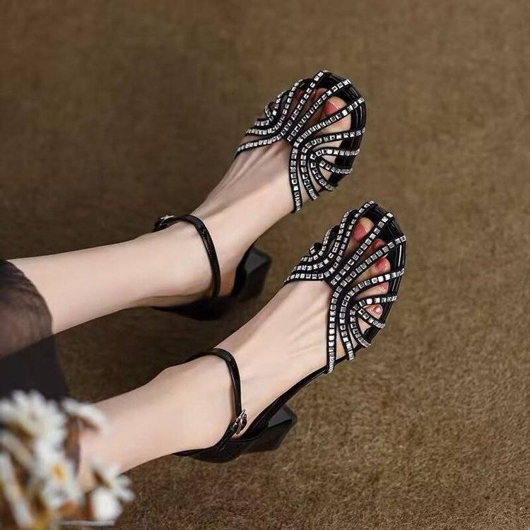 Giày Sandal Cao Gót Da Thật Hở Ngón Đính Đá Thời Trang Mùa Hè 2023 Cho Nữ