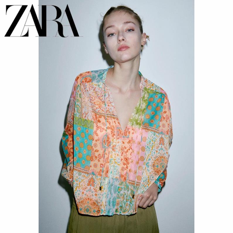 Áo sơ mi Zara Morocco voan hoạ tiết mảng màu thiết kế