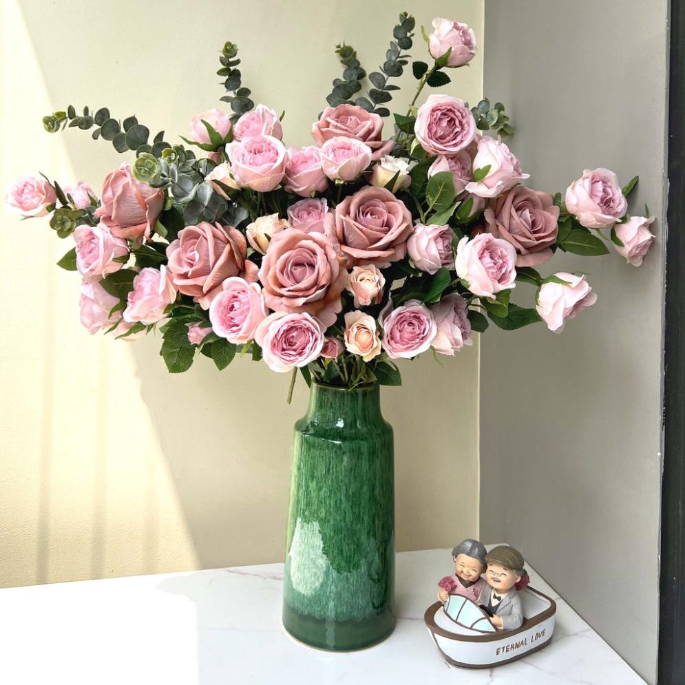 HÀNG CÓ SĂN ( LOẠI 1) Hoa hồng lụa đẹp nhập khẩu - Hoa giả trang trí decor 1 cành 6 bông to - Phụ kiện cắm bình lọ