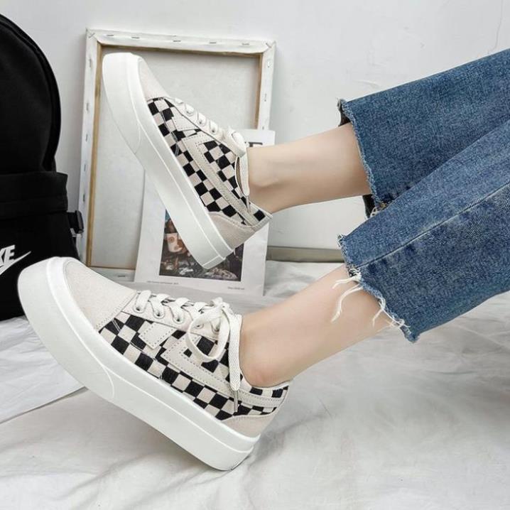 Giày thể thao nữ độn đế quảng châu caro cổ thấp kiểu dáng classic 2 màu đen và xám hot hit