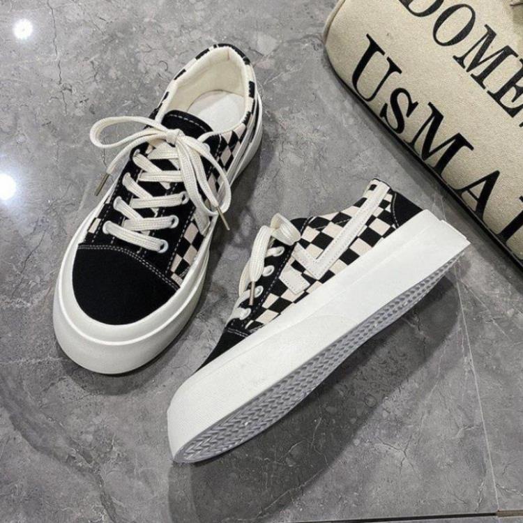 Giày thể thao nữ độn đế quảng châu caro cổ thấp kiểu dáng classic 2 màu đen và xám hot hit