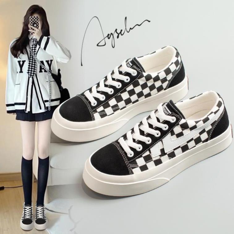 Giày thể thao nữ độn đế quảng châu caro cổ thấp kiểu dáng classic 2 màu đen và xám hot hit