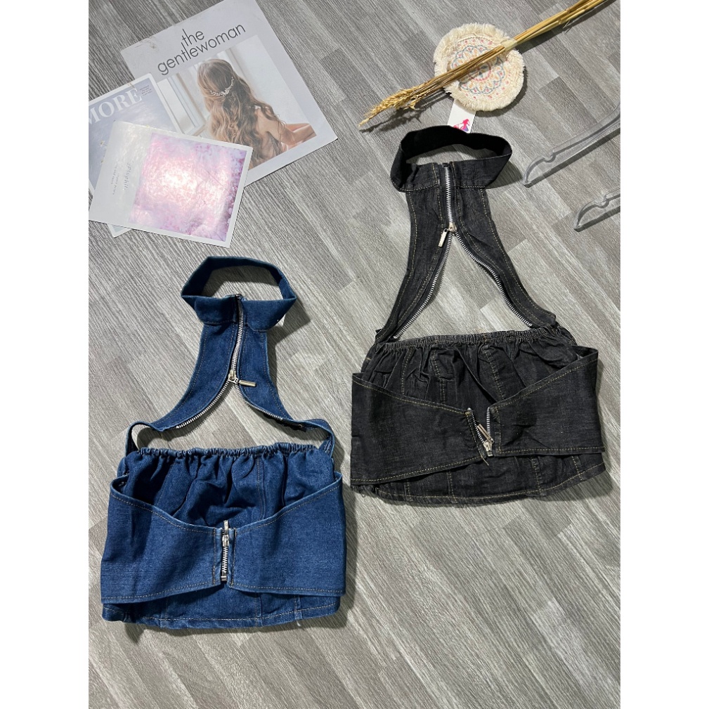 Áo croptop jean yếm khoá kéo không mút, áo croptop kiểu body mặc hè G177