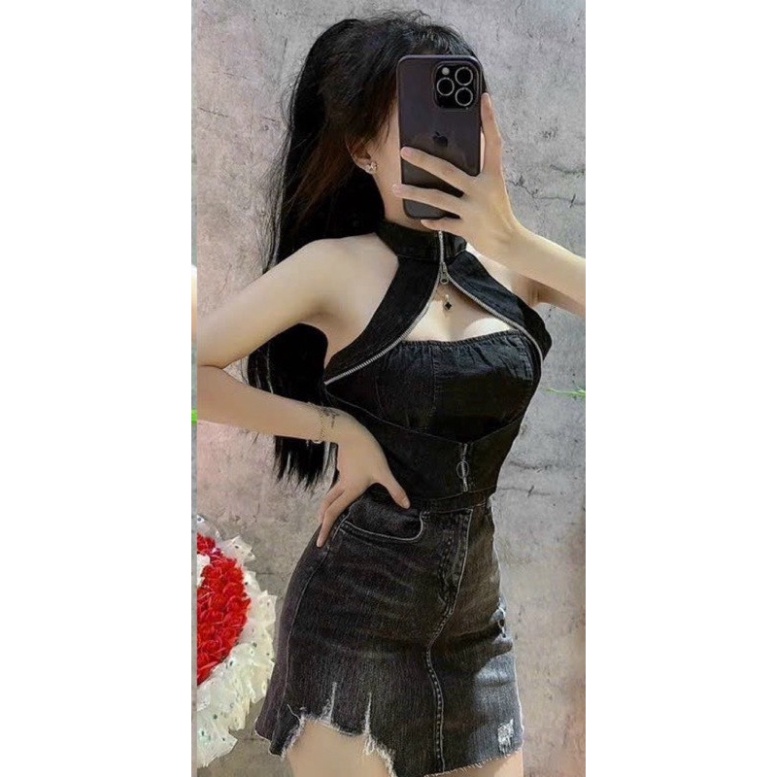 Áo croptop jean yếm khoá kéo không mút, áo croptop kiểu body mặc hè G177