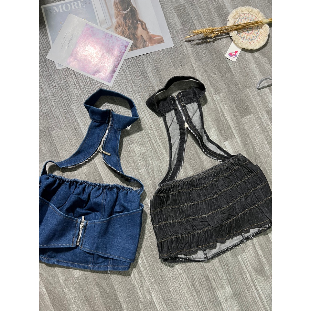 Áo croptop jean yếm khoá kéo không mút, áo croptop kiểu body mặc hè G177