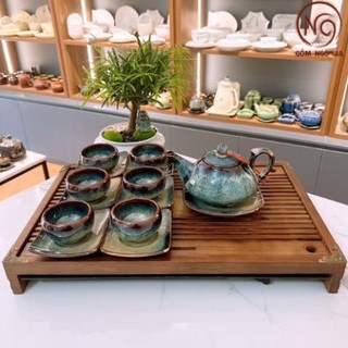 Hàng có sẵn bộ ấm trà đạo rùa thiên mục, bộ ấm chén men hỏa biến gốm sứ bát tràng ttg02