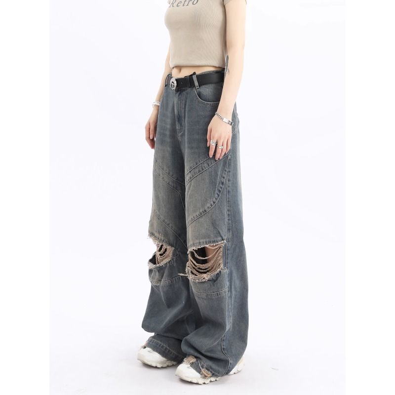 Quần Jeans Nữ Dáng Rộng Rách Gối Cá Tính