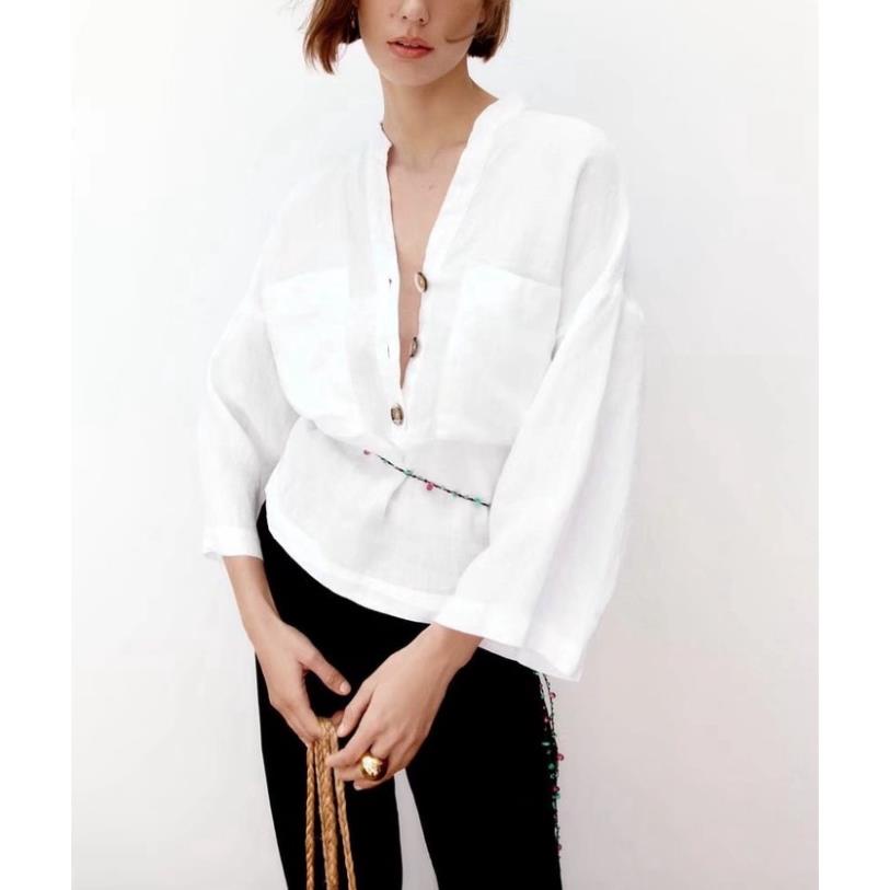 Áo Zara sơ mi coton trắng mềm 2 túi trang trí