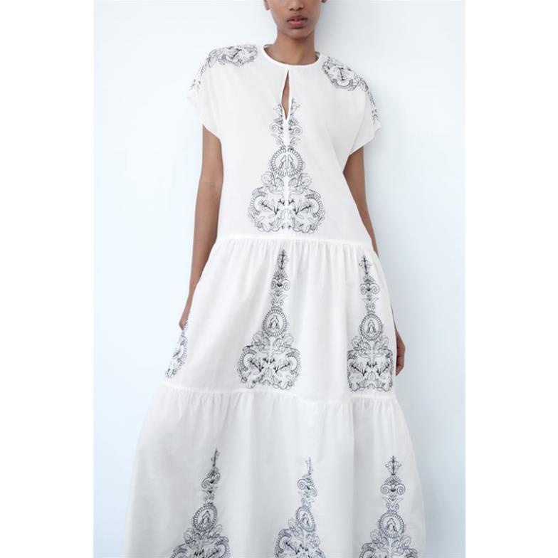 Đầm Zara cotton Thêu Họa Tiết Thời Trang , dáng rộng babydoll