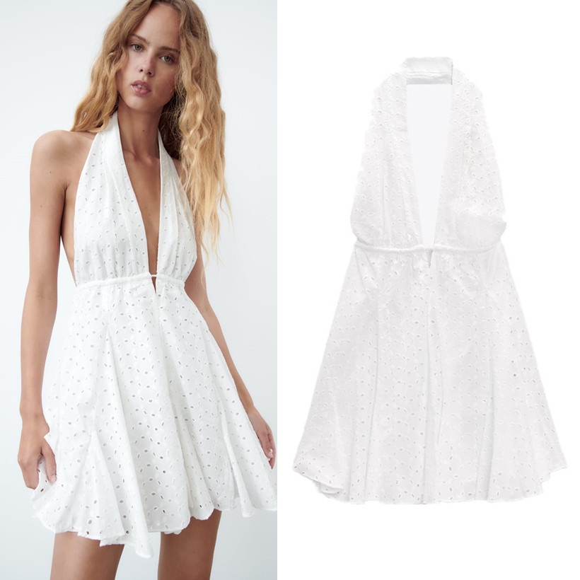 Đầm Zara mini Cổ Chữ V Hở Lưng Thêu Họa Tiết Phong Cách Quyến Rũ