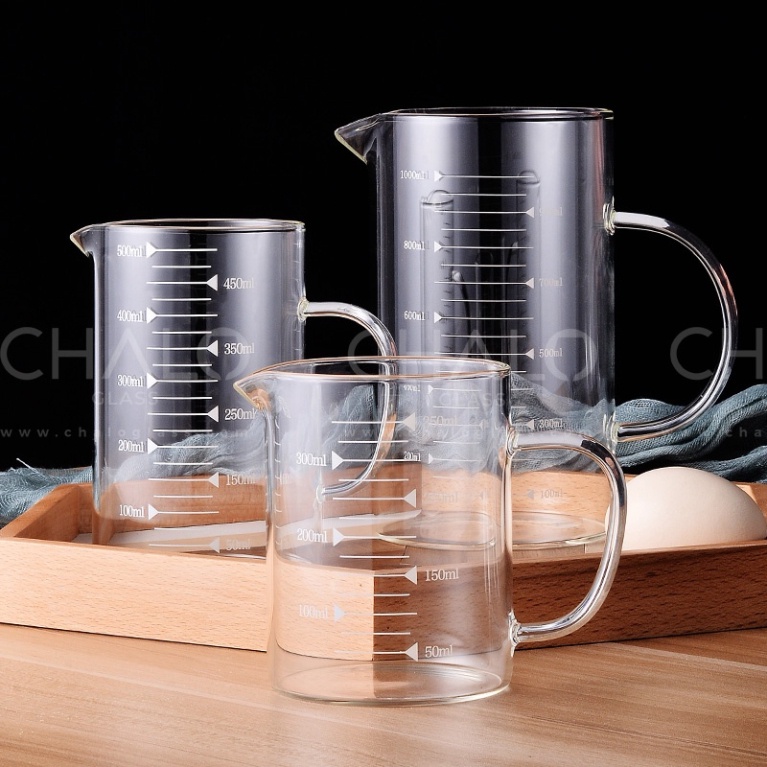 Ca đong thủy tinh chịu nhiệt có chia vạch chính xác, Ca thủy tinh định lượng 350ml, 500ml, 1000ml Gia dụng Hoàn Mỹ