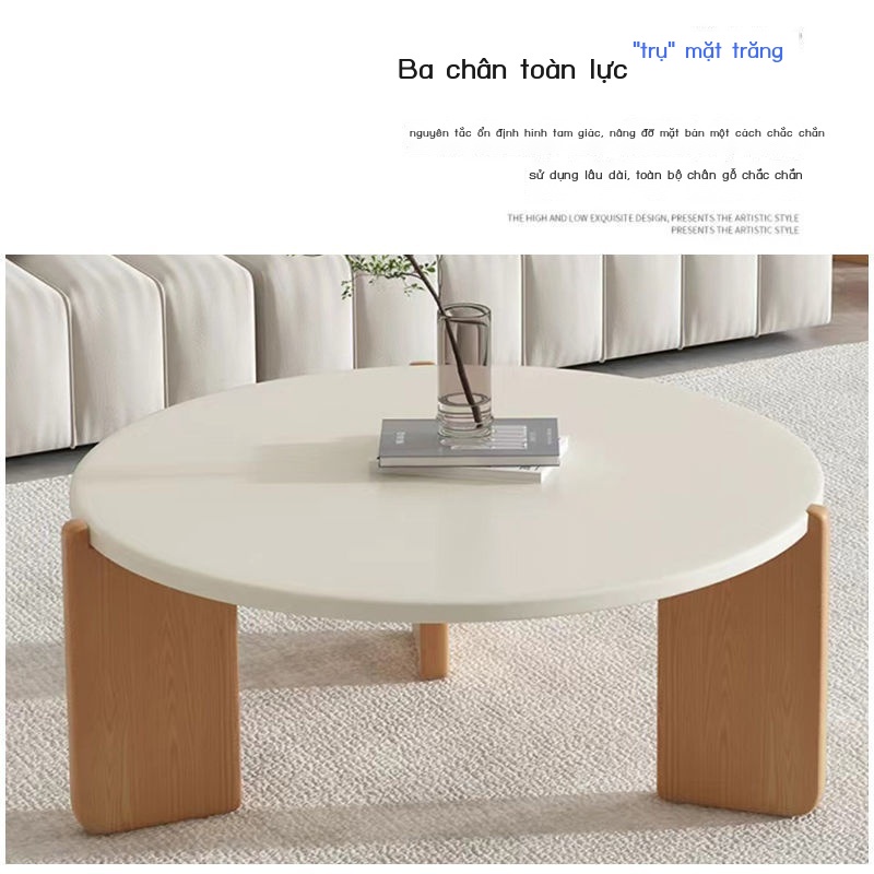 ❖☃✈Bàn cà phê tròn gỗ nguyên khối phong cách Nhật Bản bàn màu kem tối giản