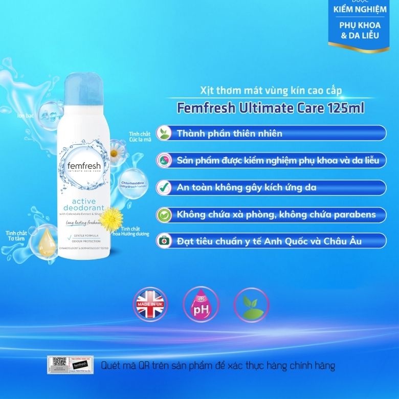 Xịt khử mùi và thơm mát vùng kín cao cấp Femfresh Active Deodorant 125ml - Quà Tặng Mẹ Offcial Mall