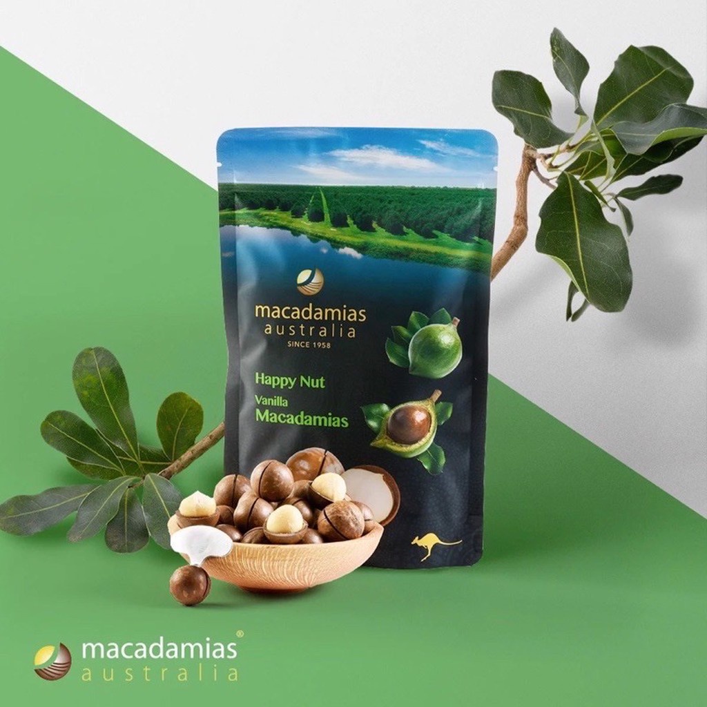 Hạt maca nguyên vỏ Úc happy nut vị vanilla macadamias Úc Healthy care quatangme