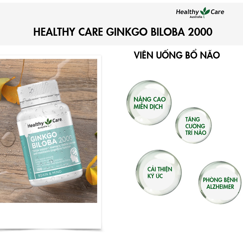 Viên uống bổ não Healthy Care Ginkgo Biloba 2000 tuần hoàn lưu thông máu 100 viên Qùa Tặng Mẹ