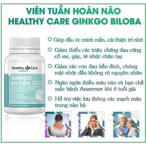 Viên uống bổ não Healthy Care Ginkgo Biloba 2000 tuần hoàn lưu thông máu 100 viên Qùa Tặng Mẹ