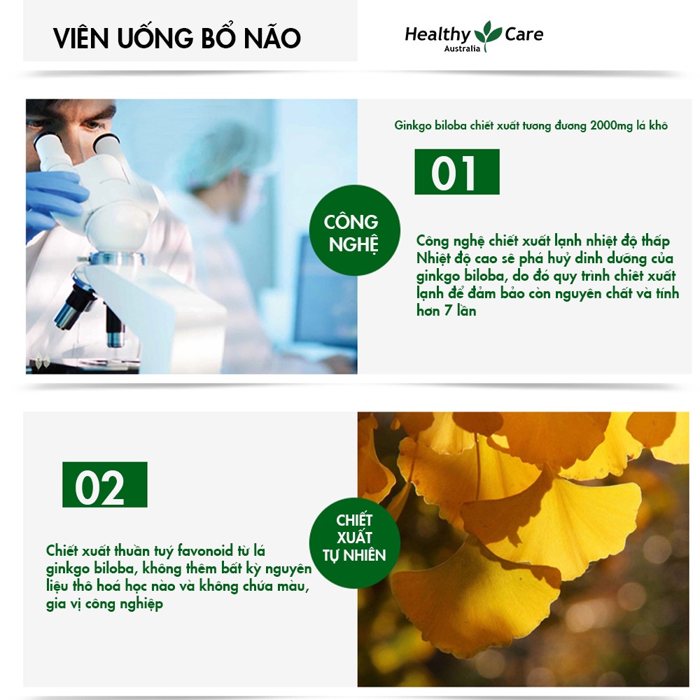 Viên uống bổ não Healthy Care Ginkgo Biloba 2000 tuần hoàn lưu thông máu 100 viên Qùa Tặng Mẹ