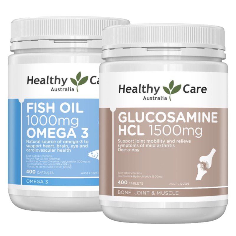 Bộ đội thực phẩm bổ sung Healthy Care Fish Oil 400 viên và Glucosamin 400 viên cải thiện xương khớp và tim mạch - QT033