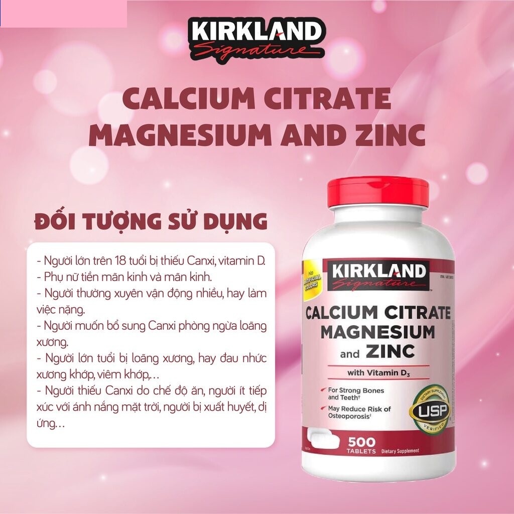 Viên uống bổ sung canxi, magie, zinc kirkland signature calcium citrate magnesium and zinc 500mg 500 viên Healthy Care