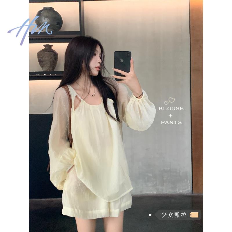 Bộ Áo Sơ Mi Chống Nắng Phối Quần Short Ống Rộng Phong Cách Pháp Thời Trang Mùa Hè Hàng Mới Dành Cho Bạn Nữ