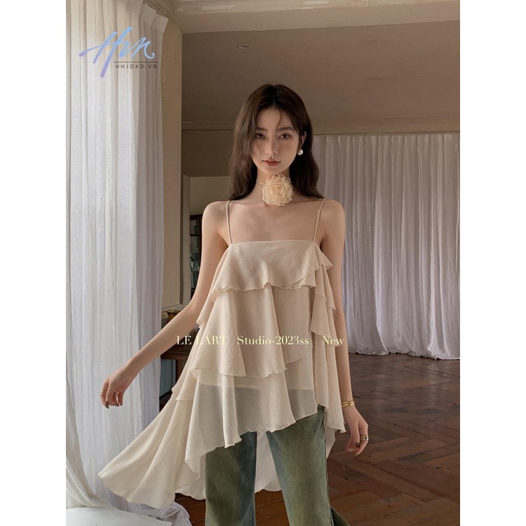 Áo Voan Hai Dây Nhún Bèo Cao Cấp Thời Trang Phong Cách Hàn Quốc Cho Nữ