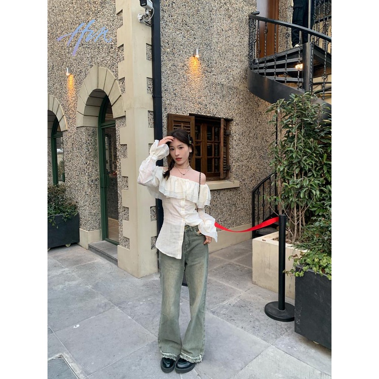 Áo Sơ Mi Tay Dài Phối Bèo Phong Cách Hàn Quốc Thời Trang Cho Nữ
