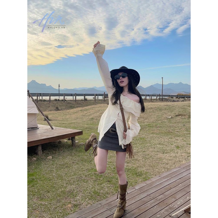 Áo Sơ Mi Tay Dài Phối Bèo Phong Cách Hàn Quốc Thời Trang Cho Nữ