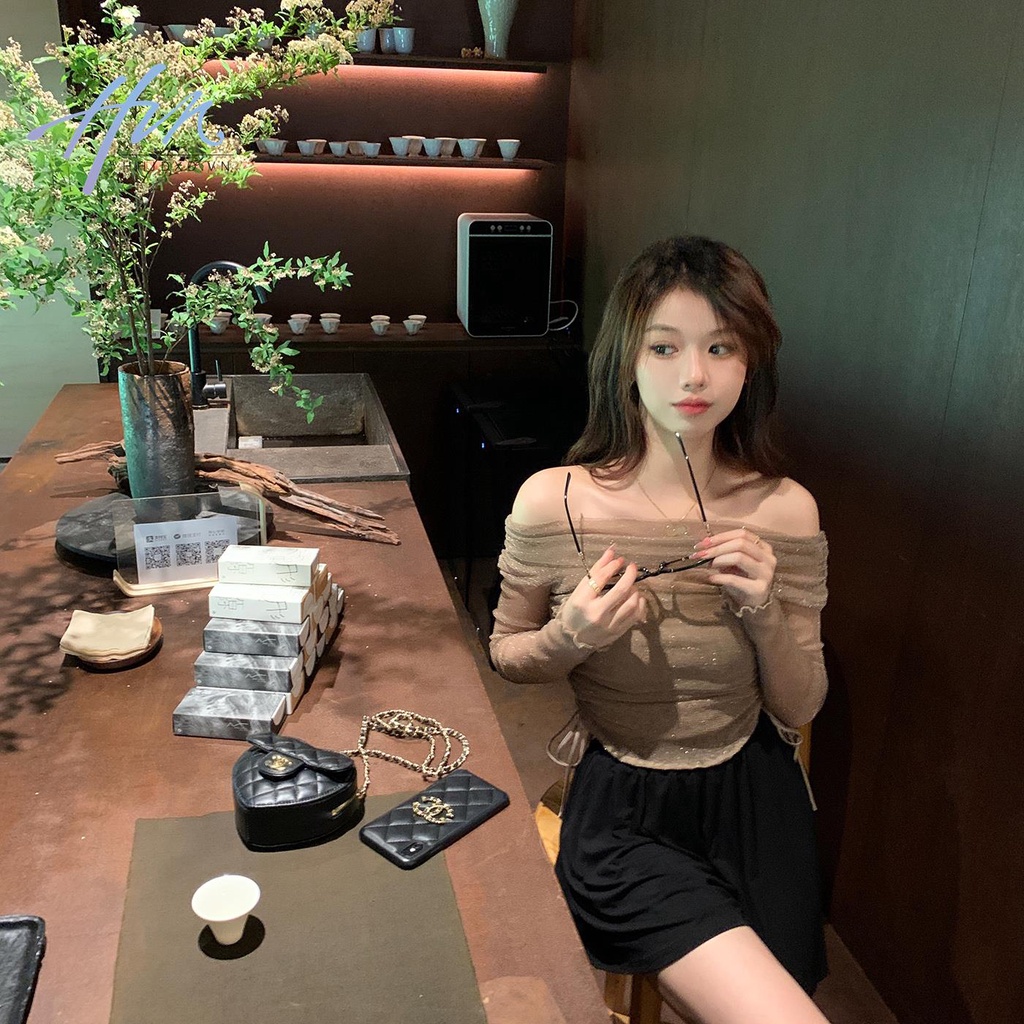 Áo Kiểu Trễ Vai Phối Lưới Dây Rút Thời Trang Mùa Hè Ngọt Ngào Cho Nữ