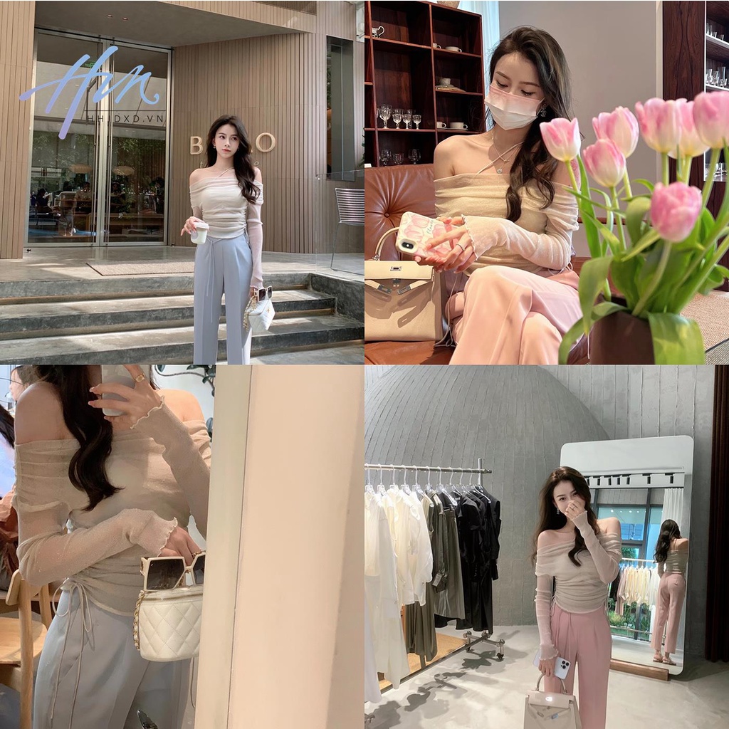 Áo Kiểu Trễ Vai Phối Lưới Dây Rút Thời Trang Mùa Hè Ngọt Ngào Cho Nữ