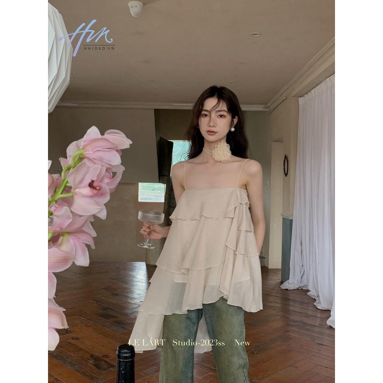 Áo Voan Hai Dây Nhún Bèo Cao Cấp Thời Trang Phong Cách Hàn Quốc Cho Nữ