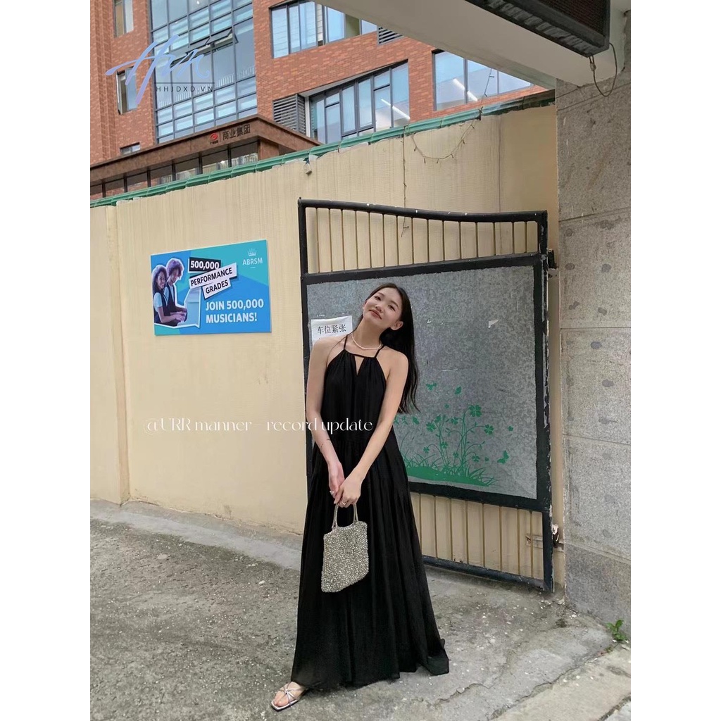 Đầm Dài Hai Dây Dáng Rộng Cột Dây Cổ Yếm Xếp Ly Thời Trang Xinh Xắn Cho Nữ