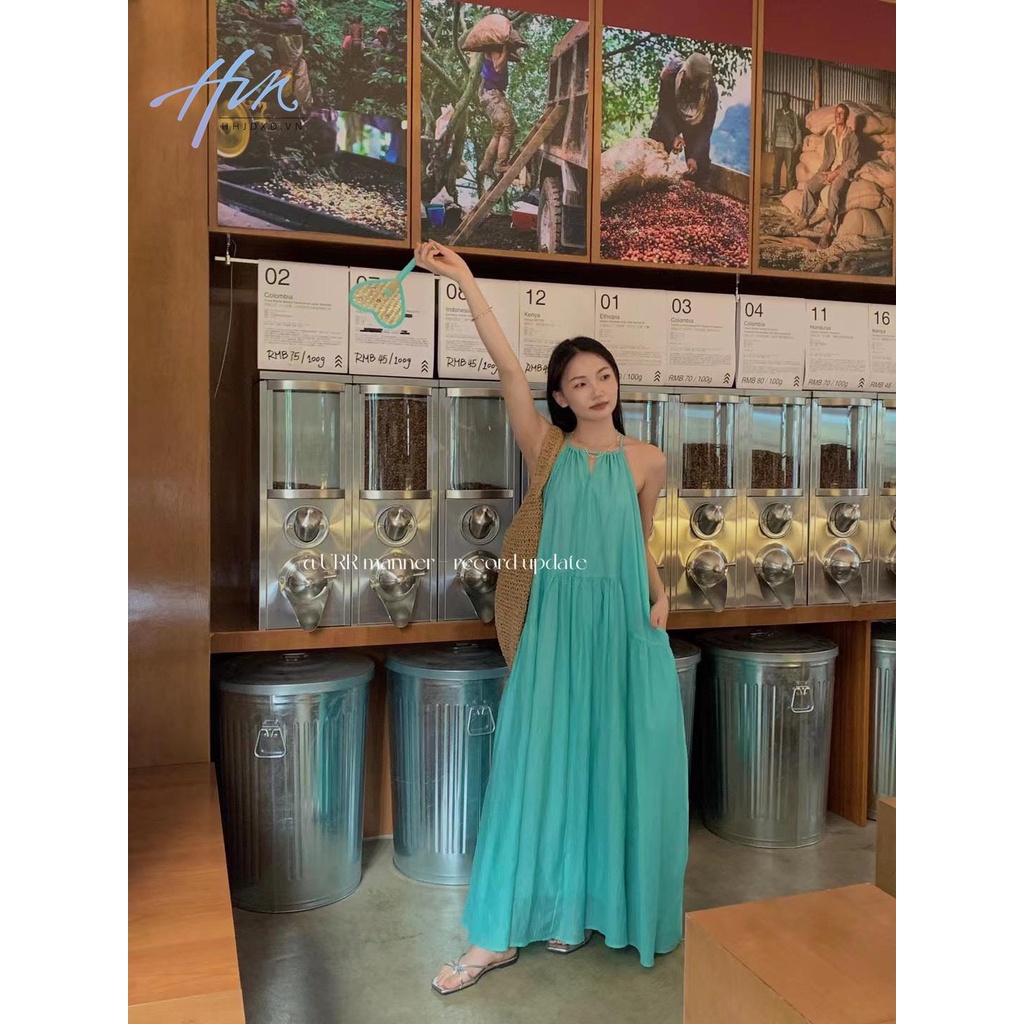 Đầm Dài Hai Dây Dáng Rộng Cột Dây Cổ Yếm Xếp Ly Thời Trang Xinh Xắn Cho Nữ