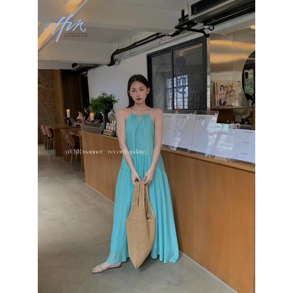 Đầm Dài Hai Dây Dáng Rộng Cột Dây Cổ Yếm Xếp Ly Thời Trang Xinh Xắn Cho Nữ