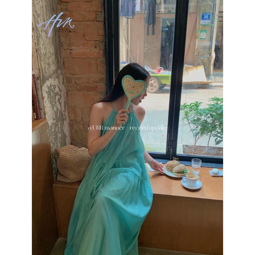 Đầm Dài Hai Dây Dáng Rộng Cột Dây Cổ Yếm Xếp Ly Thời Trang Xinh Xắn Cho Nữ