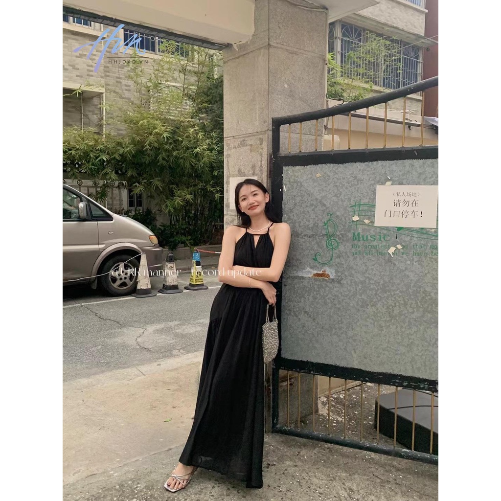 Đầm Dài Hai Dây Dáng Rộng Cột Dây Cổ Yếm Xếp Ly Thời Trang Xinh Xắn Cho Nữ