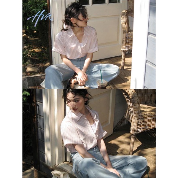 Áo Sơ Mi Ngắn Tay Dáng Rộng Họa Tiết Kẻ Sọc Thời Trang Mùa Hè 2023 Mới Cho Nữ