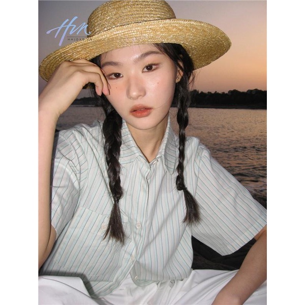 Áo Sơ Mi Ngắn Tay Dáng Rộng Họa Tiết Kẻ Sọc Thời Trang Mùa Hè 2023 Mới Cho Nữ