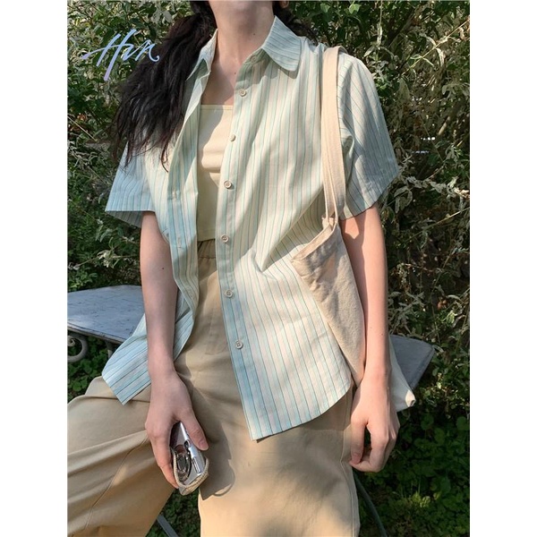 Áo Sơ Mi Ngắn Tay Dáng Rộng Họa Tiết Kẻ Sọc Thời Trang Mùa Hè 2023 Mới Cho Nữ