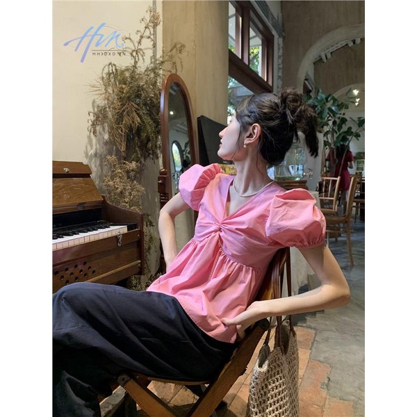 Áo Sơ Mi Tay Ngắn Phồng Cổ Chữ V Dáng Rộng Thời Trang Mùa Hè 2023 Phong Cách Mới Dành Cho Bạn Nữ