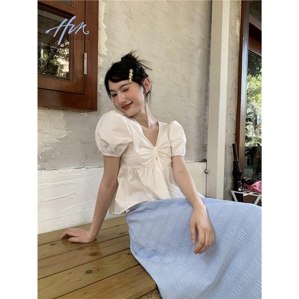 Áo Sơ Mi Tay Ngắn Phồng Cổ Chữ V Dáng Rộng Thời Trang Mùa Hè 2023 Phong Cách Mới Dành Cho Bạn Nữ