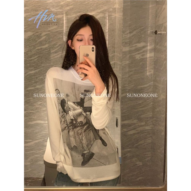 Áo Thun Dệt Kim Tay Dài Dáng Rộng In Họa Tiết Kiểu Retro Mỹ Xinh Xắn Cho Nữ